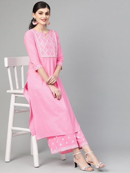 Women's Light Pink Khari Printed Straight Kurta  With Overall Printed Straight Palazzo