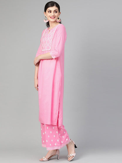 Women's Light Pink Khari Printed Straight Kurta  With Overall Printed Straight Palazzo