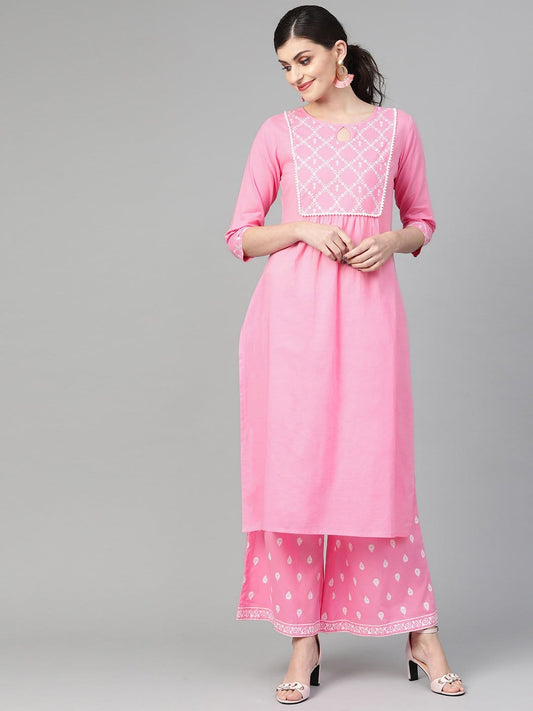 Women's Light Pink Khari Printed Straight Kurta  With Overall Printed Straight Palazzo