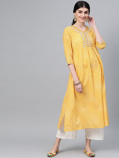 Women's Yellow & Off White Leheriya Print A-Line Kurta
