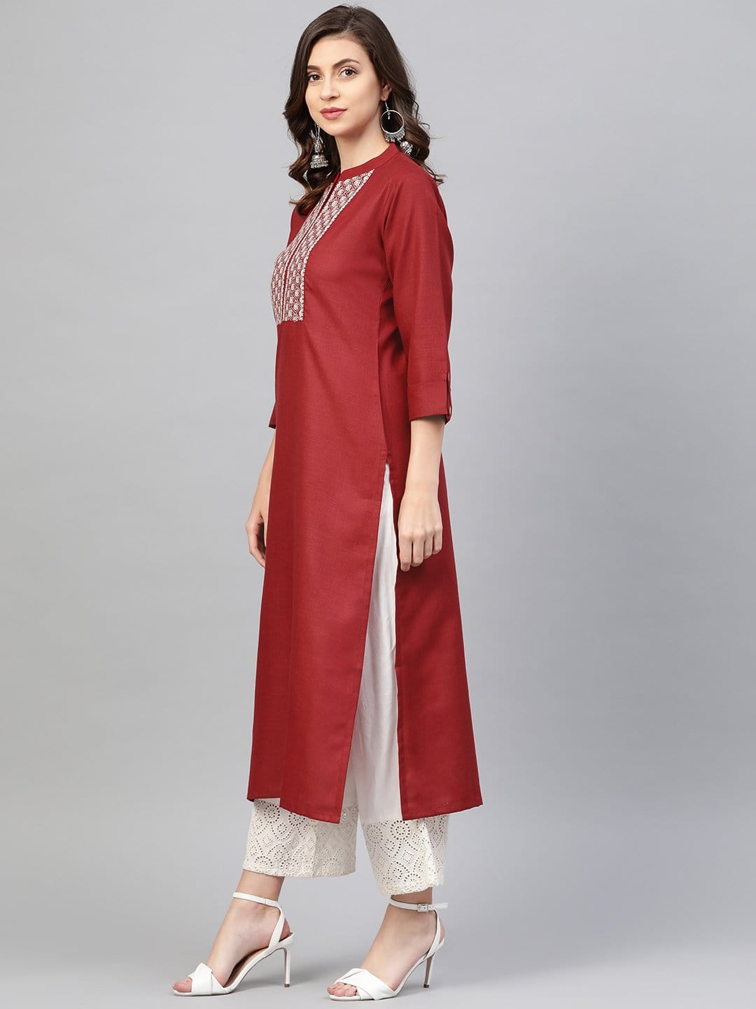 Women's Maroon & Off-White Yoke Design Straight Kurta