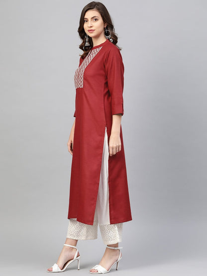 Women's Maroon & Off-White Yoke Design Straight Kurta