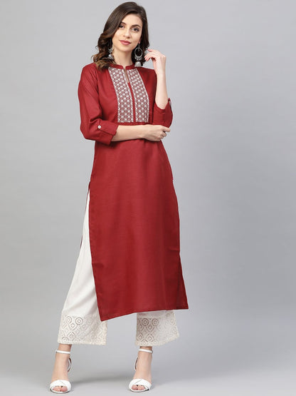 Women's Maroon & Off-White Yoke Design Straight Kurta
