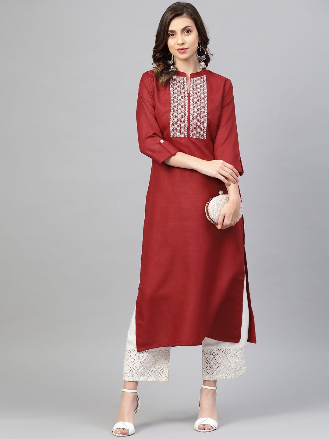 Women's Maroon & Off-White Yoke Design Straight Kurta