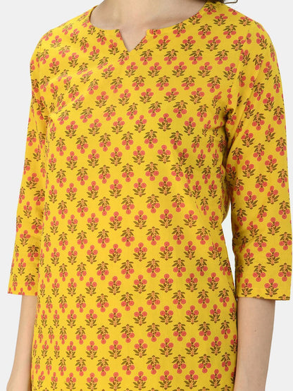 Women's Turmeric Yellow Cotton Printed Half Sleeve V Neck Casual Night Suit