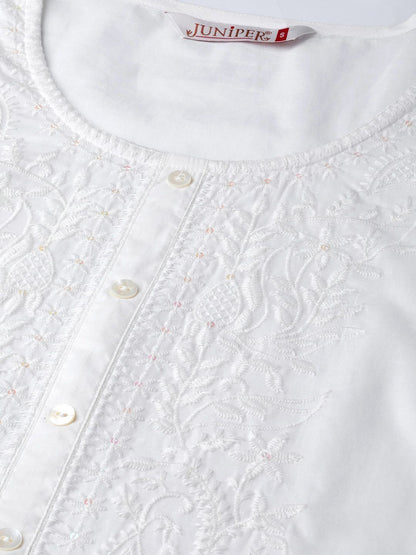Women's White Cotton Voile Embroidered Straight Kurta
