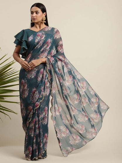 Women's Green Chiffon Digital Print Floral Saree