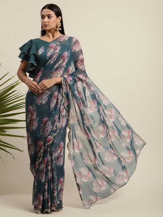 Women's Green Chiffon Digital Print Floral Saree