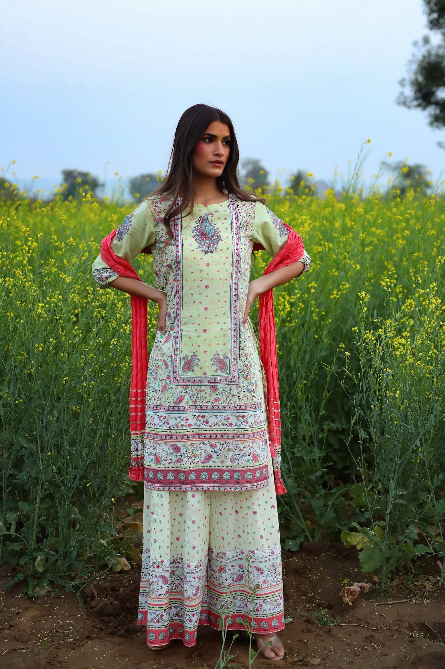 Women's Cambric Printed Straight Kurta Palazzo Dupatta Set