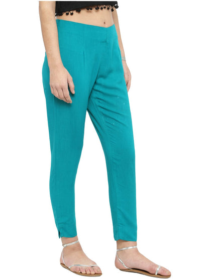 Women's Turquoise Blue Straight Fit Solid Regular Trousers