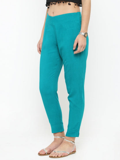 Women's Turquoise Blue Straight Fit Solid Regular Trousers