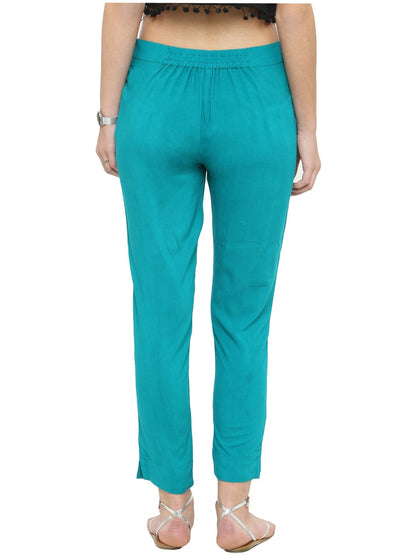 Women's Turquoise Blue Straight Fit Solid Regular Trousers