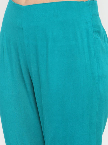 Women's Turquoise Blue Straight Fit Solid Regular Trousers