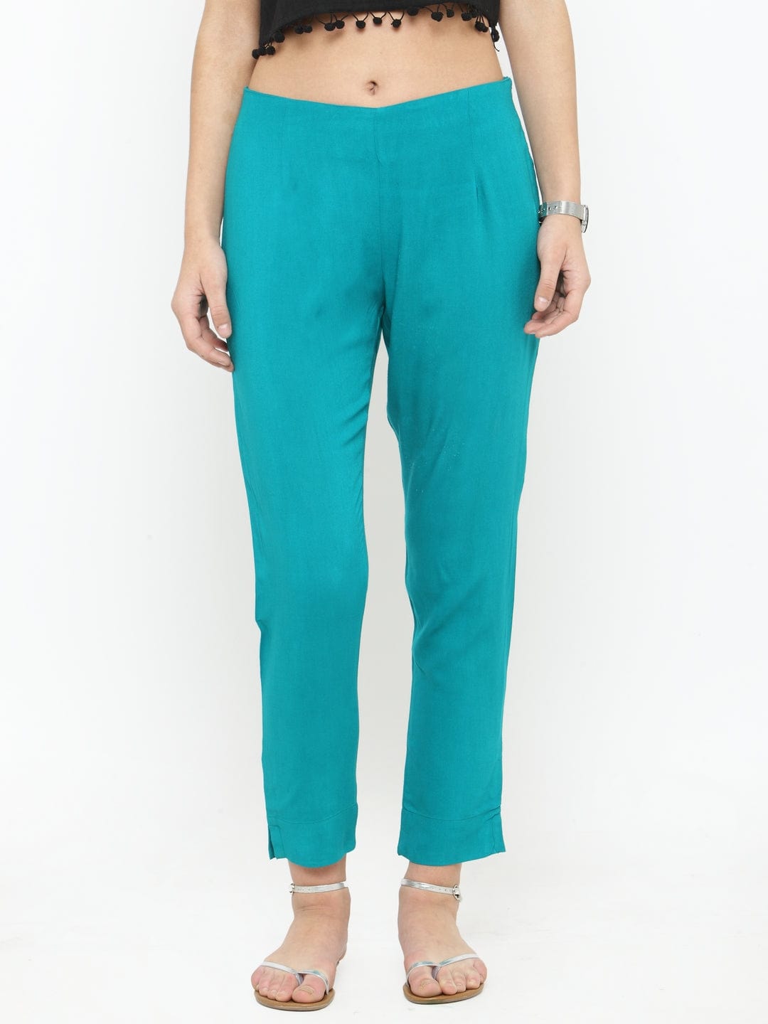 Women's Turquoise Blue Straight Fit Solid Regular Trousers