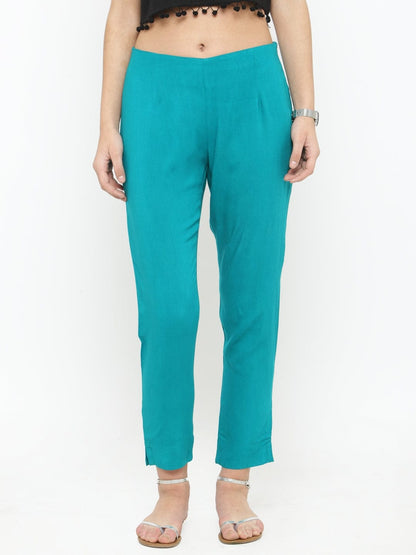 Women's Turquoise Blue Straight Fit Solid Regular Trousers