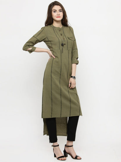 Women's Olive Green Striped Straight Kurta