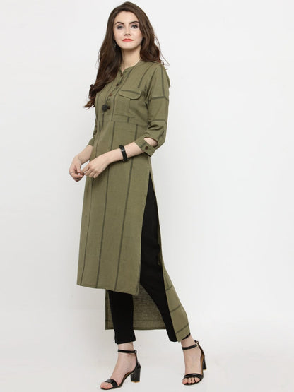 Women's Olive Green Striped Straight Kurta
