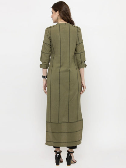 Women's Olive Green Striped Straight Kurta