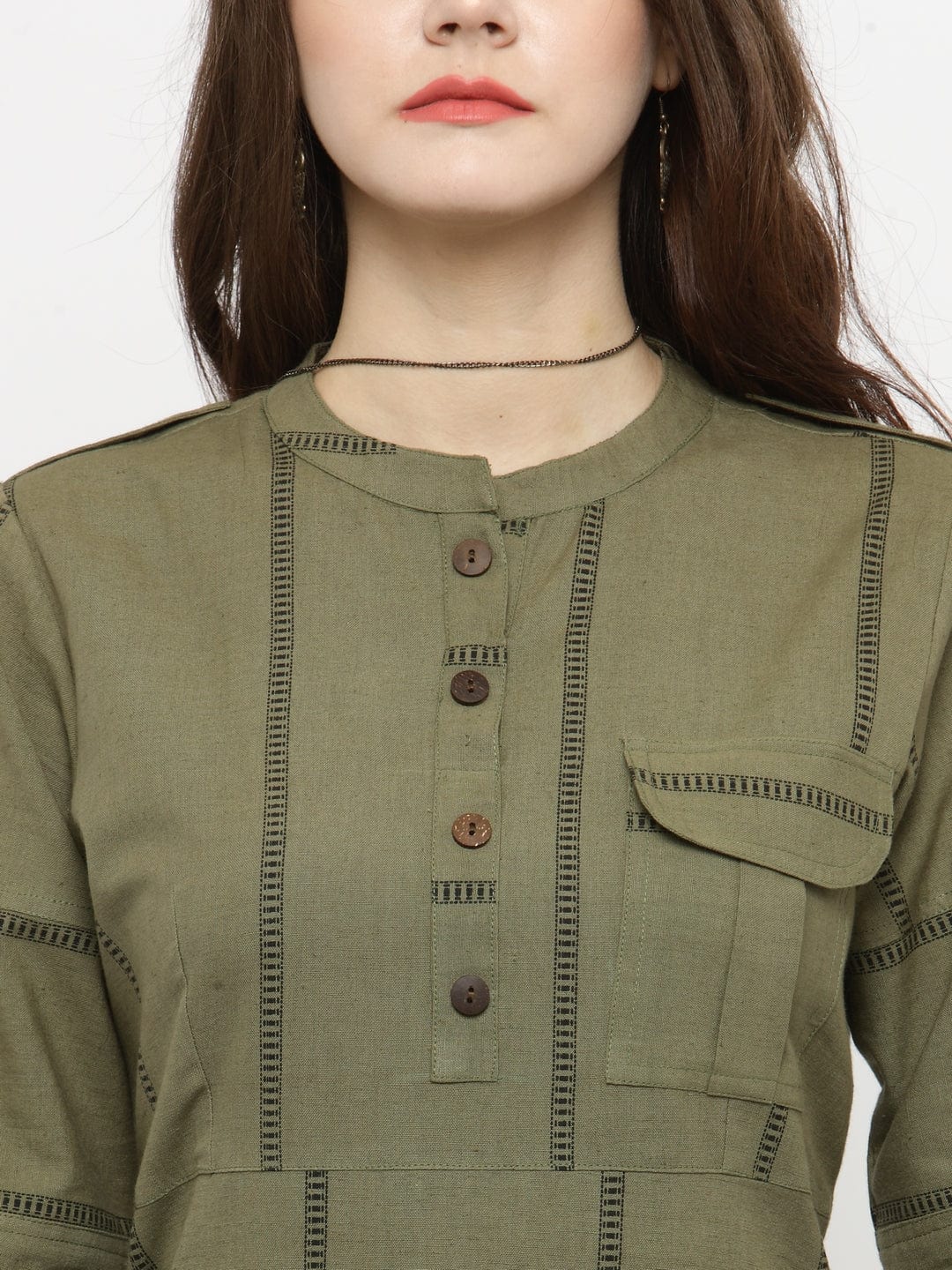 Women's Olive Green Striped Straight Kurta