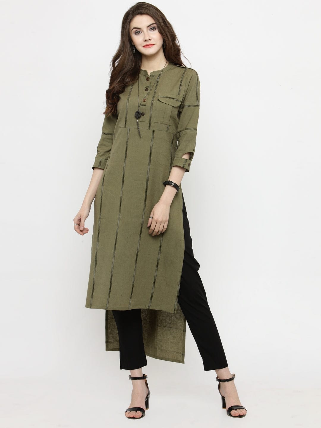 Women's Olive Green Striped Straight Kurta