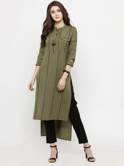 Women's Olive Green Striped Straight Kurta
