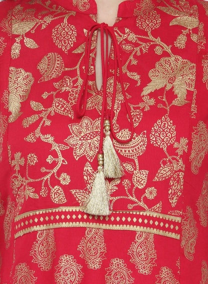 Women's Coral Pink Printed Straight Kurta