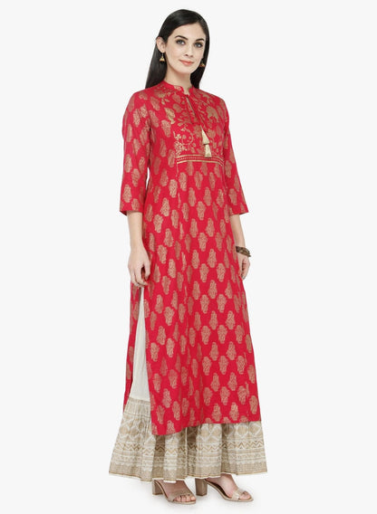 Women's Pink & Beige Printed Kurta with Skirt