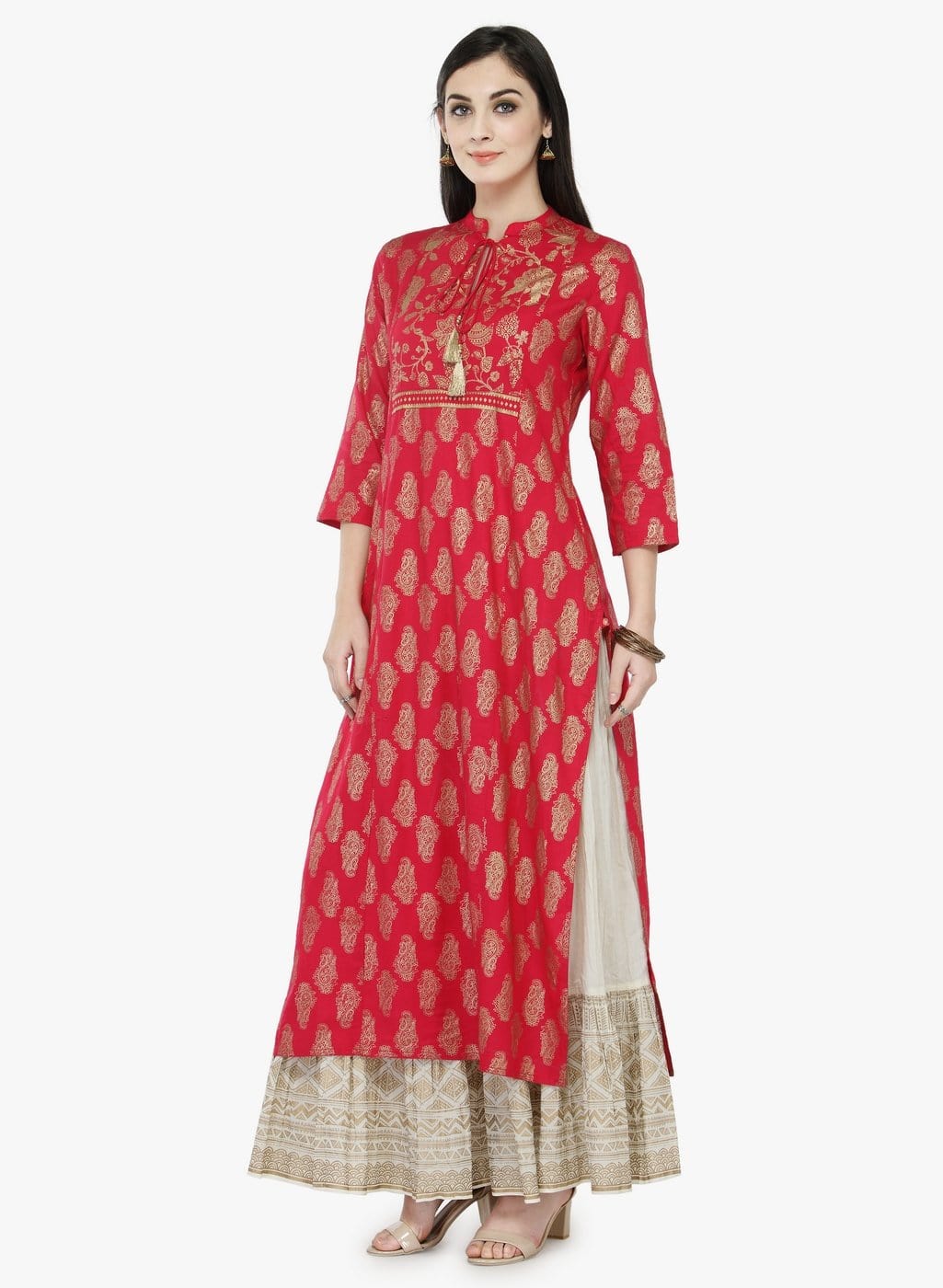Women's Coral Pink Printed Straight Kurta