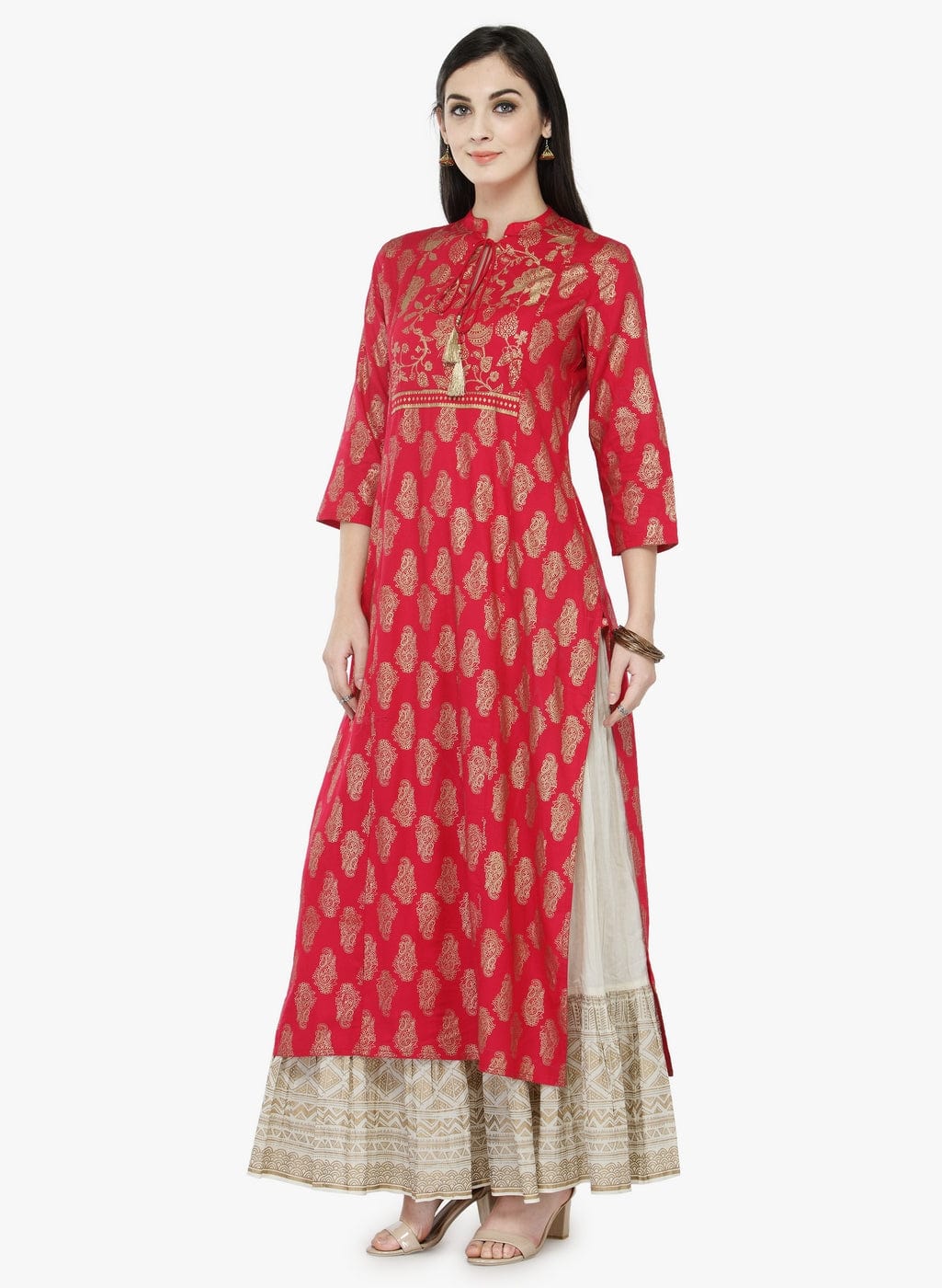 Women's Pink & Beige Printed Kurta with Skirt