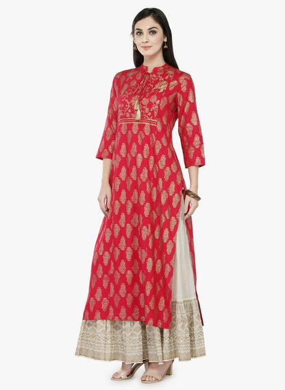 Women's Pink & Beige Printed Kurta with Skirt