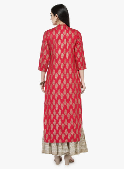 Women's Coral Pink Printed Straight Kurta
