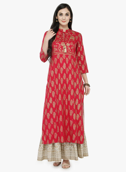 Women's Pink & Beige Printed Kurta with Skirt
