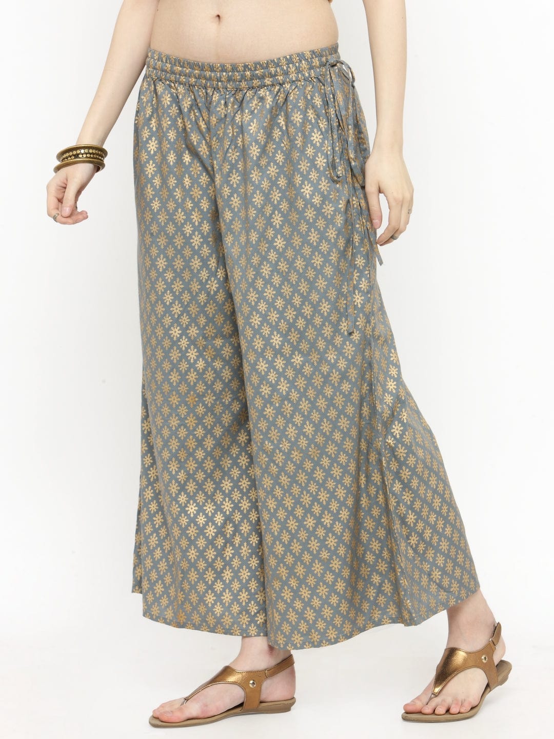 Women's Grey Gold Printed Palazzo