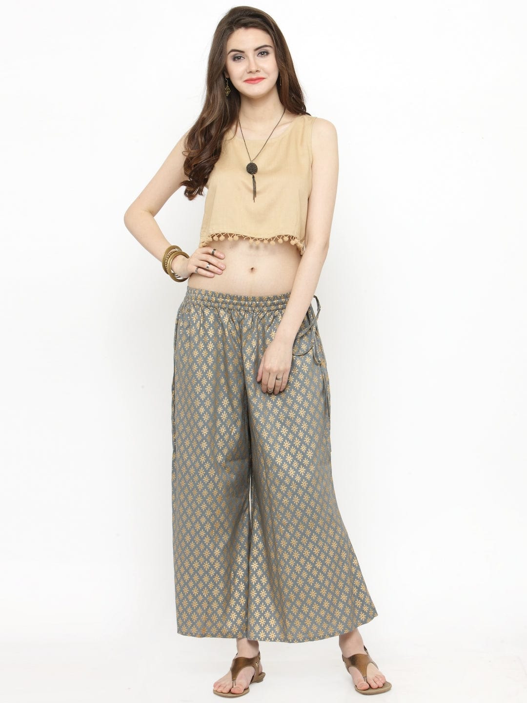 Women's Grey Gold Printed Palazzo