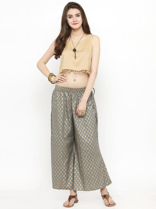 Women's Grey Gold Printed Palazzo
