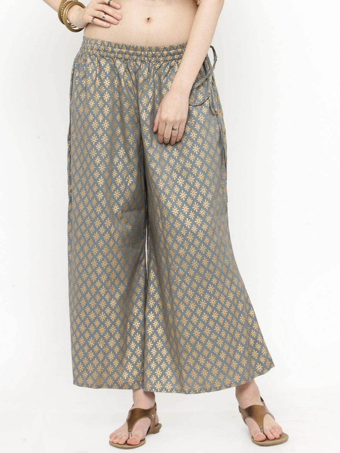 Women's Grey Gold Printed Palazzo