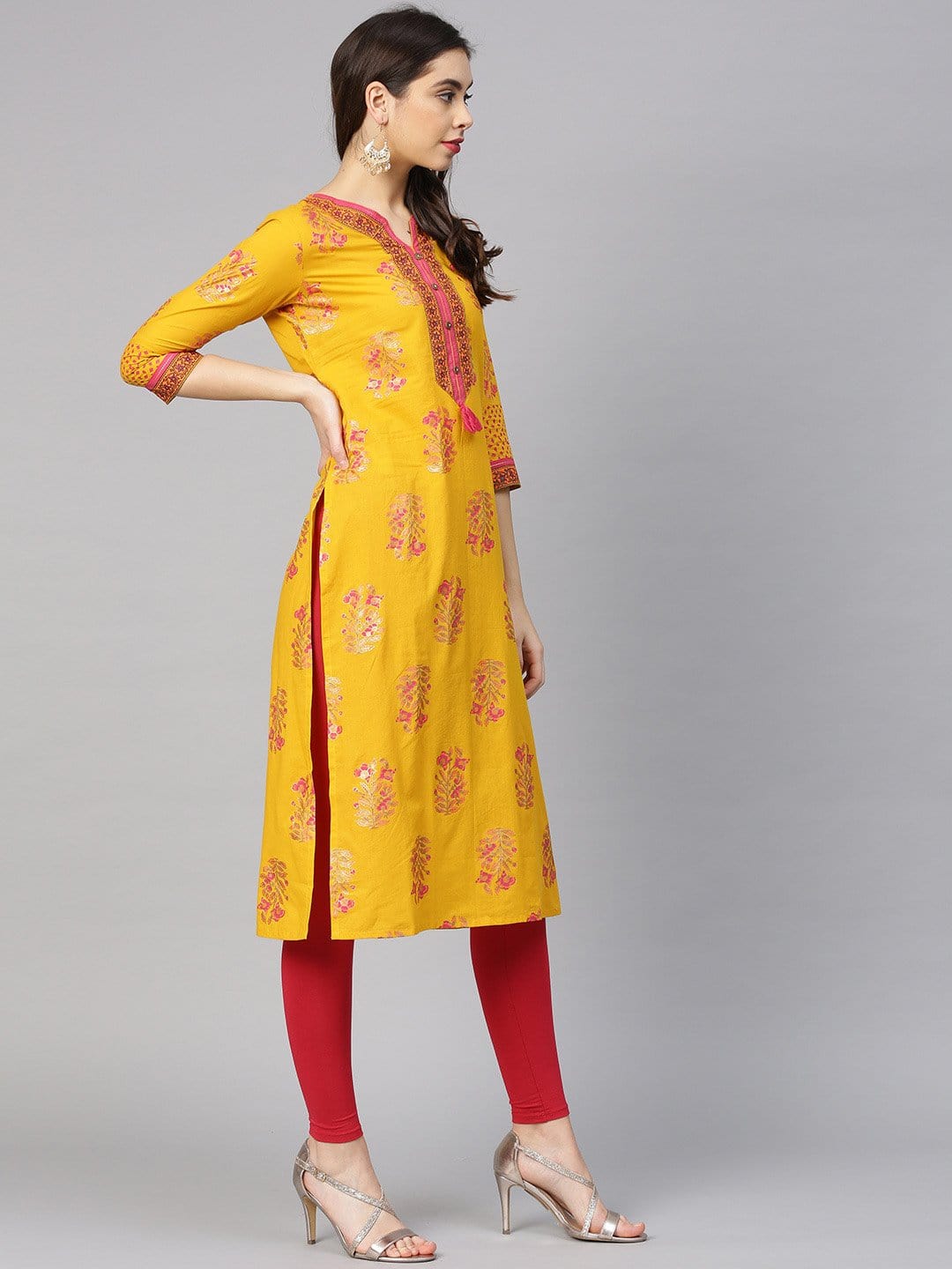 Women's Yellow & Pink Screen Print Straight Kurta
