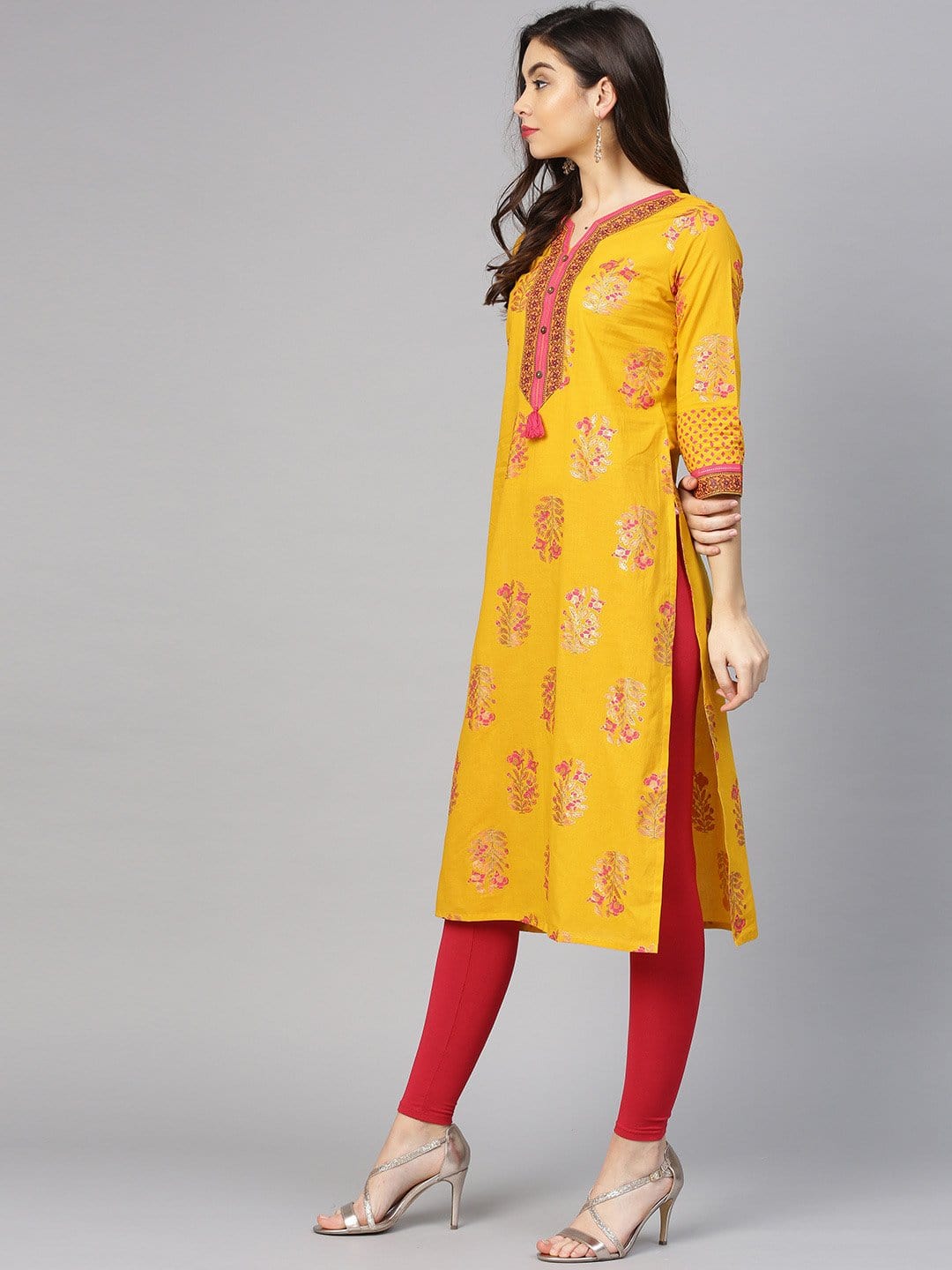 Women's Yellow & Pink Screen Print Straight Kurta