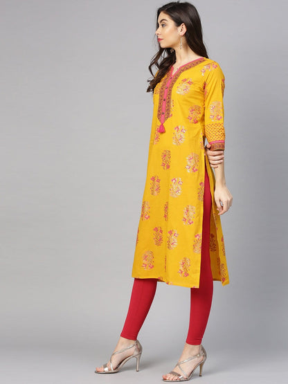 Women's Yellow & Pink Screen Print Straight Kurta