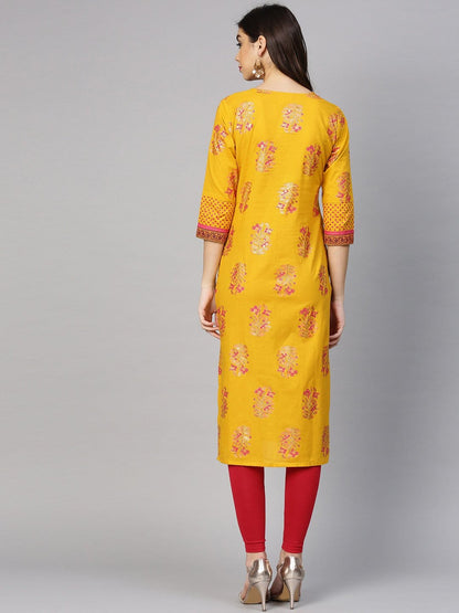Women's Yellow & Pink Screen Print Straight Kurta