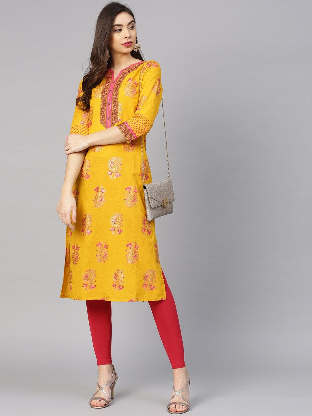 Women's Yellow & Pink Screen Print Straight Kurta