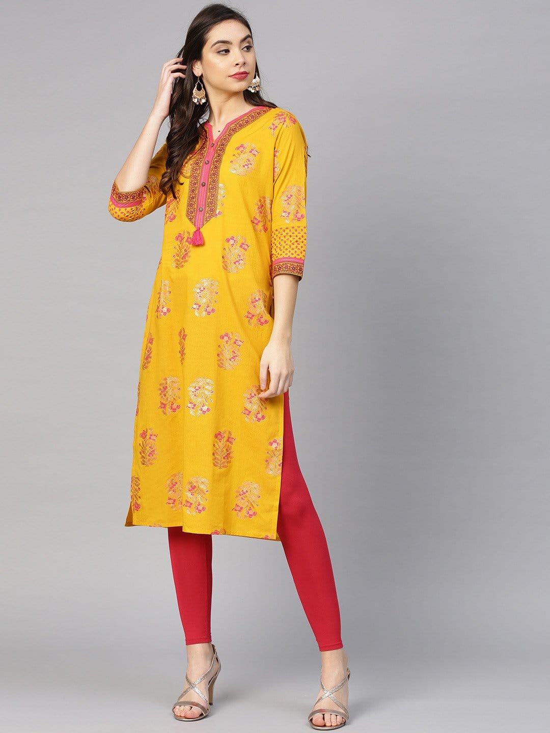 Women's Yellow & Pink Screen Print Straight Kurta