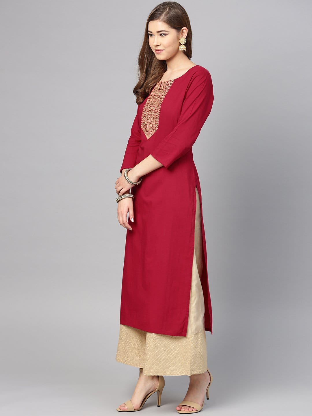 Women's Maroon Yoke Design Straight Kurta