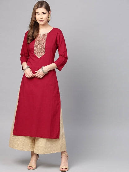 Women's Maroon Yoke Design Straight Kurta