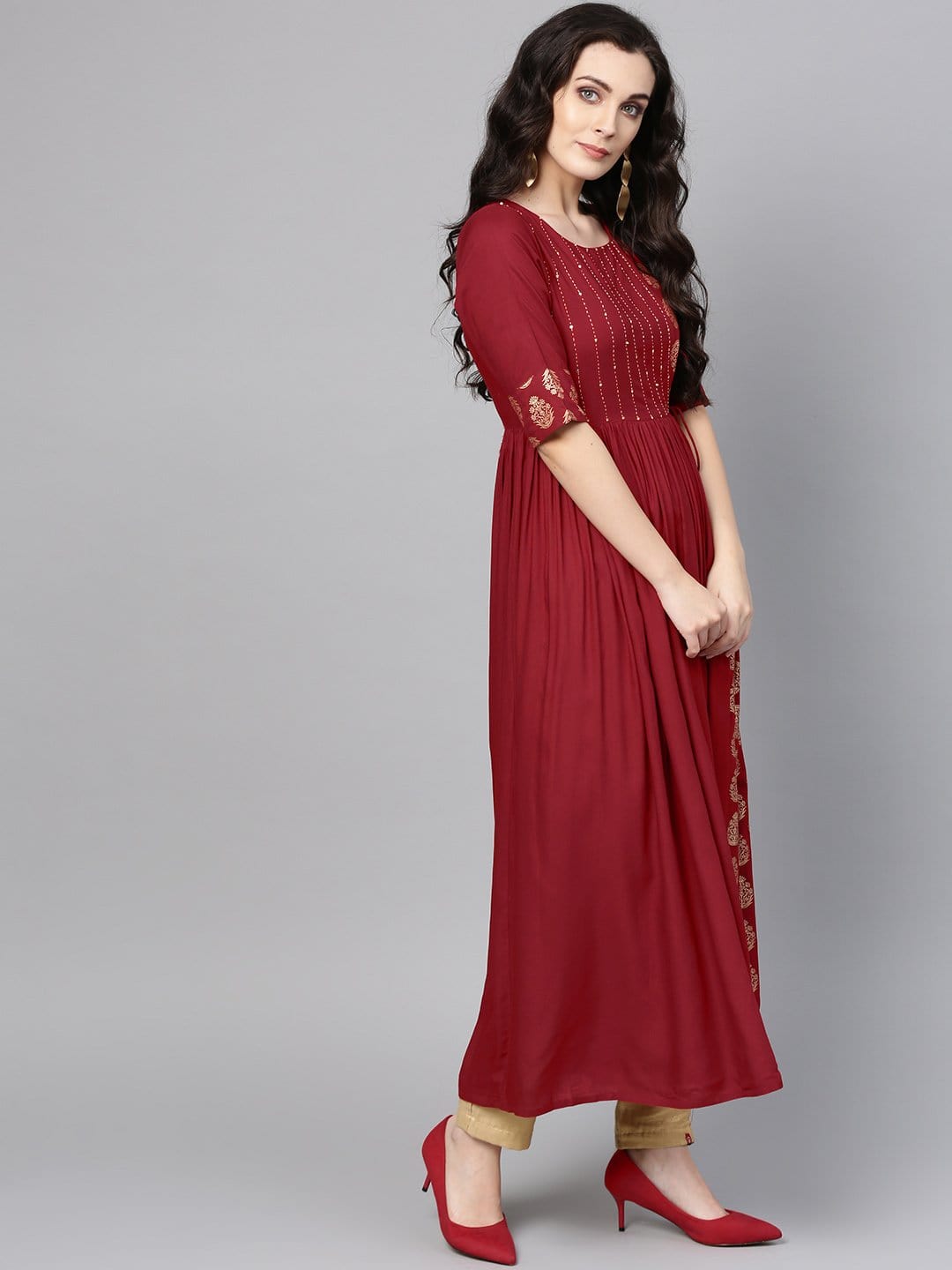 Women's Maroon & Golden Printed Anarkali Kurta