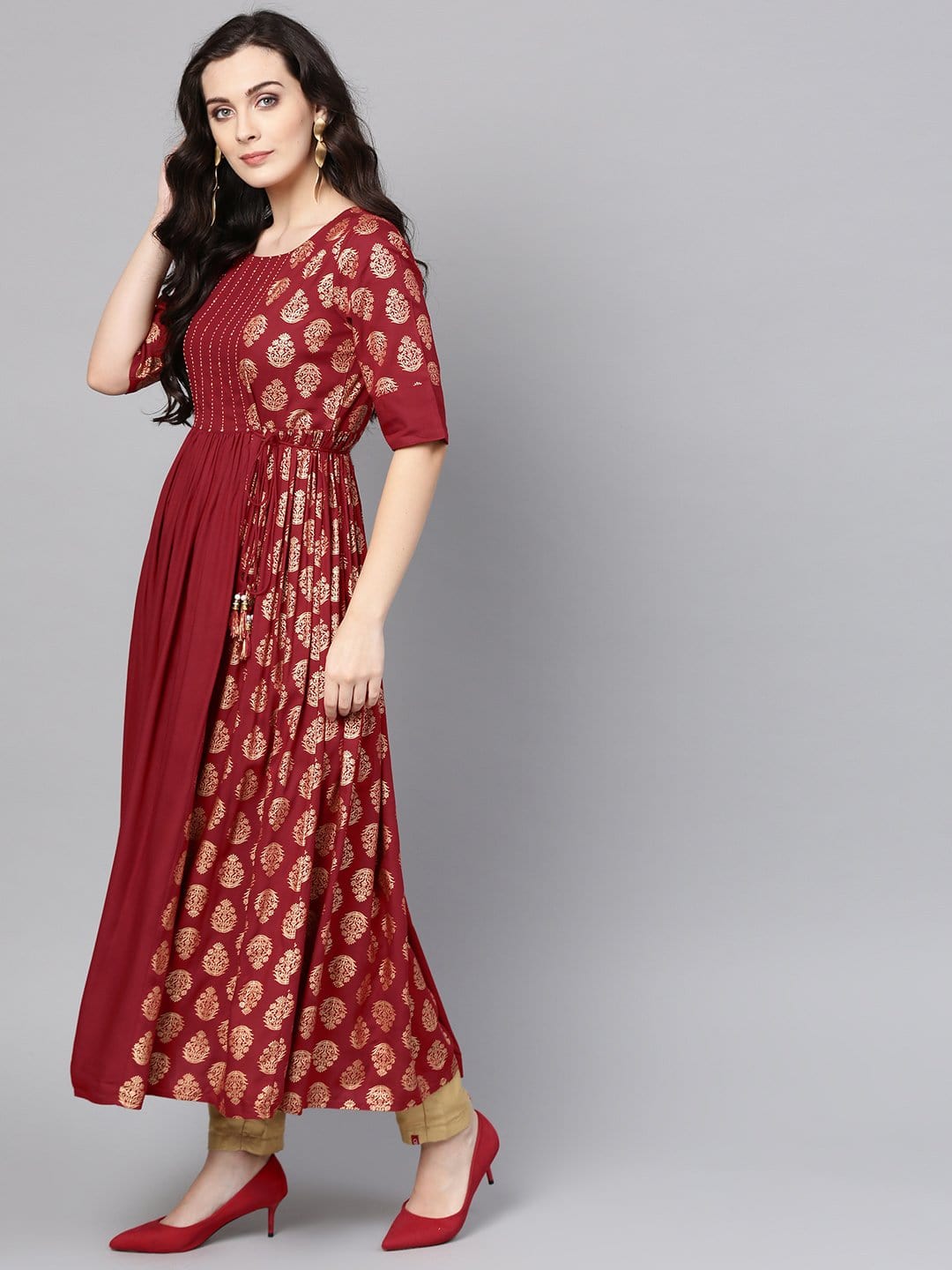 Women's Maroon & Golden Printed Anarkali Kurta