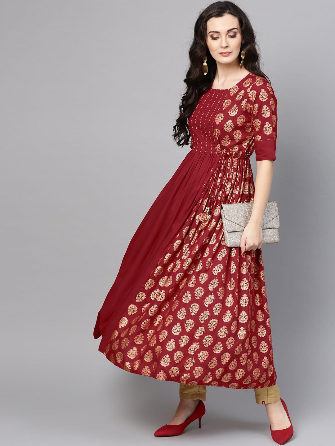 Women's Maroon & Golden Printed Anarkali Kurta