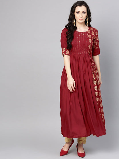 Women's Maroon & Golden Printed Anarkali Kurta