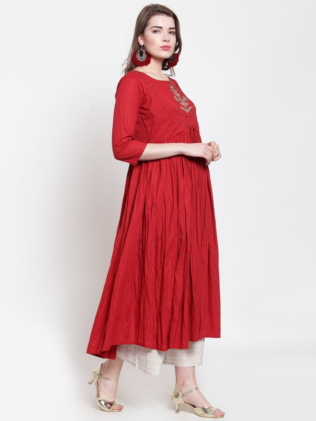 Women's Maroon & Gold-Toned Embroidered Kurta with Palazzos