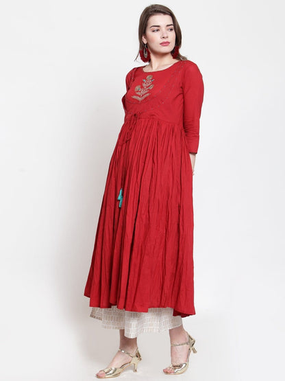 Women's Maroon & Gold-Toned Embroidered Kurta with Palazzos